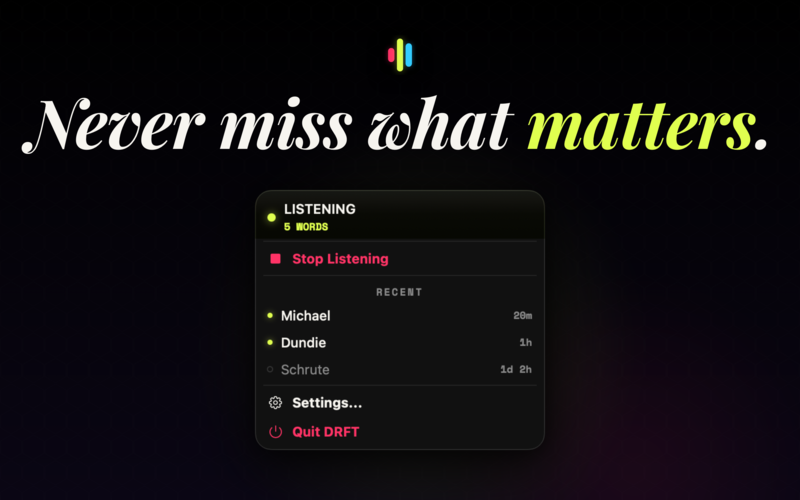 DRFT Mac menu bar popover with detections and audio source picker